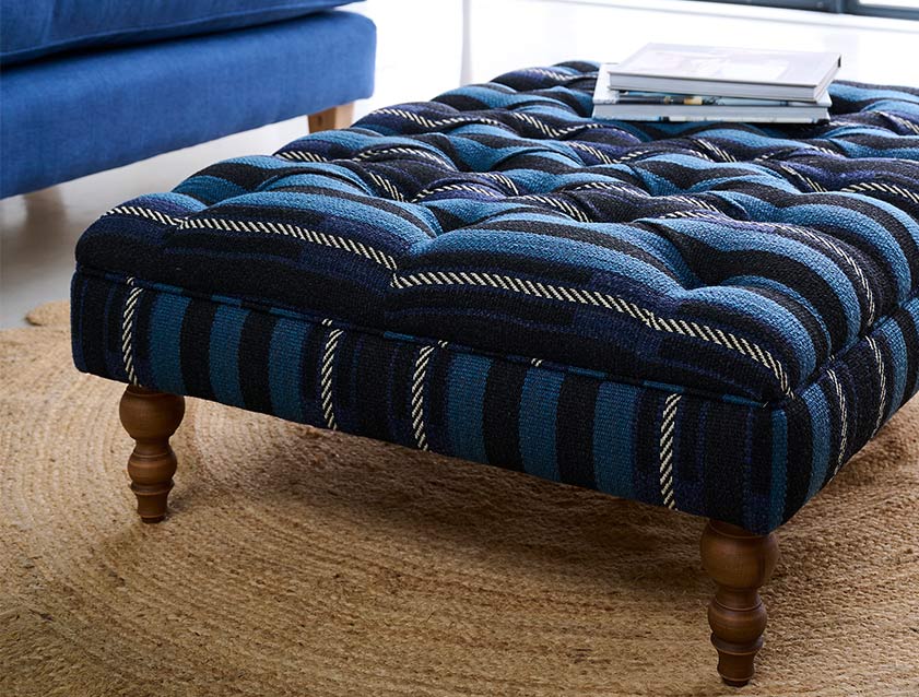 Bedham Footstool in Ralph Lauren Dinetah Stripe Indigo Detail